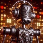 ai generated, robot, headphones, mic, music, steel, technology, microphone, audio, iron